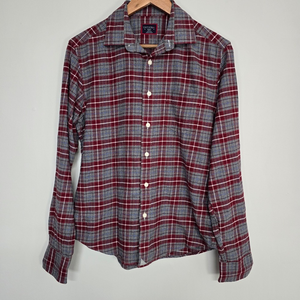 UNTUCKit Cabero Shirt Mens Small Red Grey Plaid Slim Fit Flannel Button Down